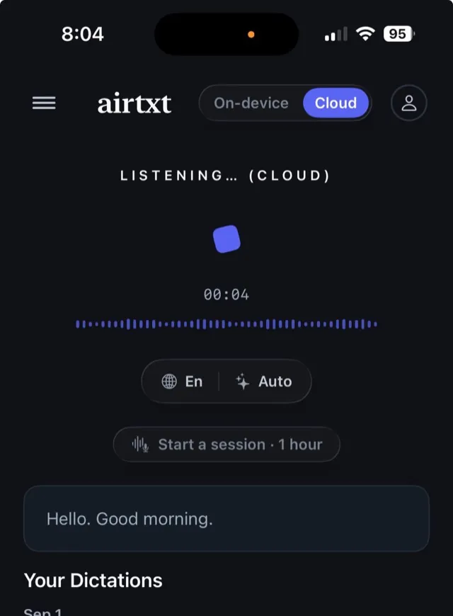 airtxt dictation screen
