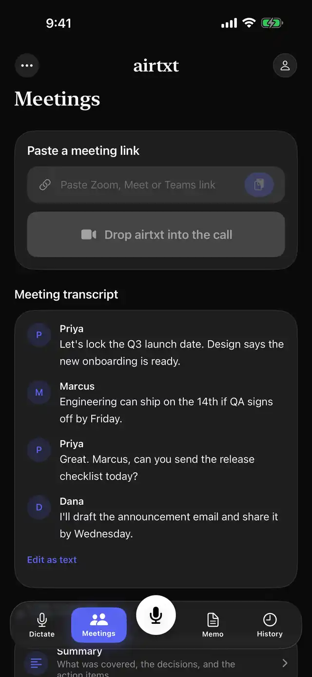 airtxt meetings screen