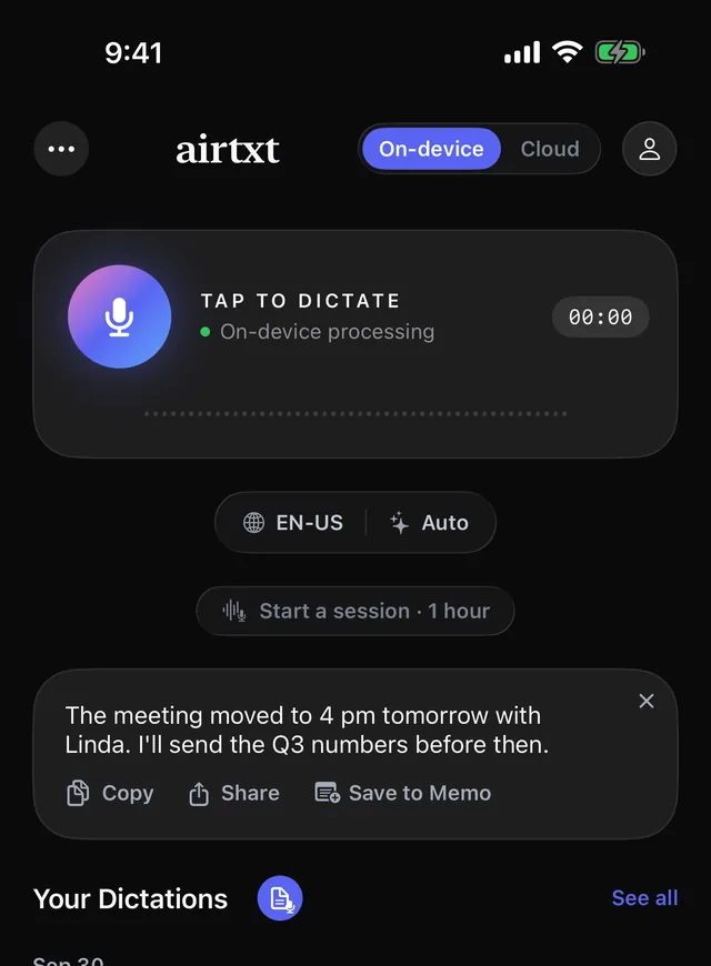 airtxt dictation screen