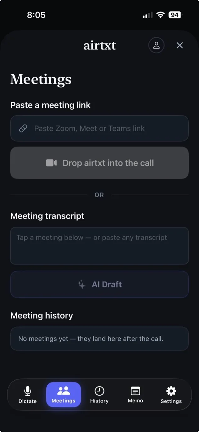 airtxt meetings screen
